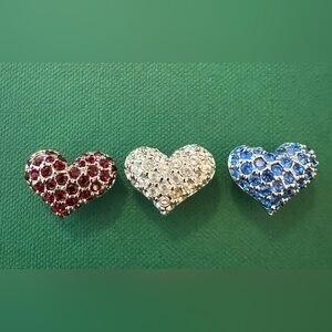Vintage Swarovski Set of 3 Heart Shaped Brooches Red, Silver, and Blue